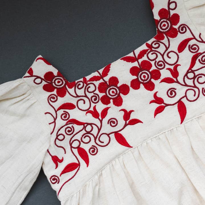 LARILI - Wholesale Dress - Kids - Linen Blend Natural Hand Embroidery Dress