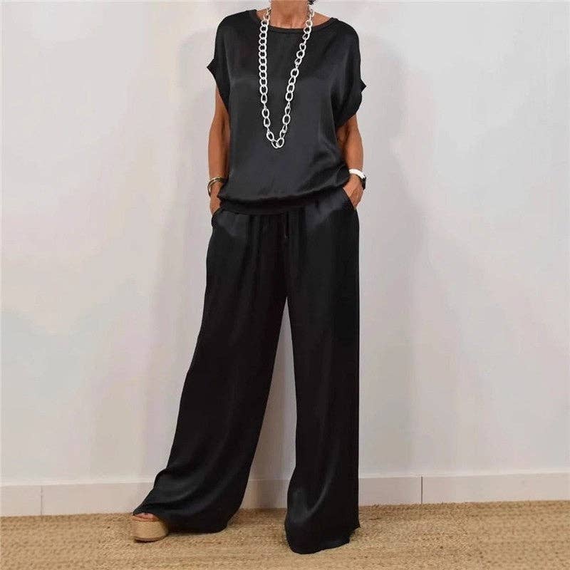 Sheer Trend - Wholesale Top & Pant Set (NOT Loungewear) - Women's - Casual Pure Color Loose Tee Wide Leg Pants Set1
