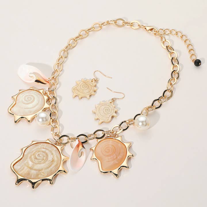 Resin Shell Pearl Charm Station Statement Necklace for wholesale by Sensibling Corp.