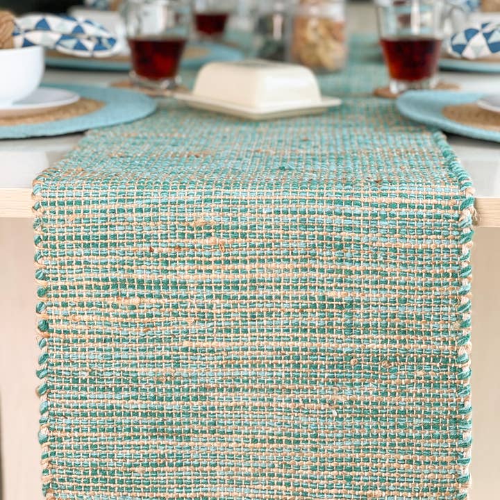 OMBRE TABLE RUNNER, NATURAL AQUA TURQUOISE, 13" x 72" for wholesale on Faire