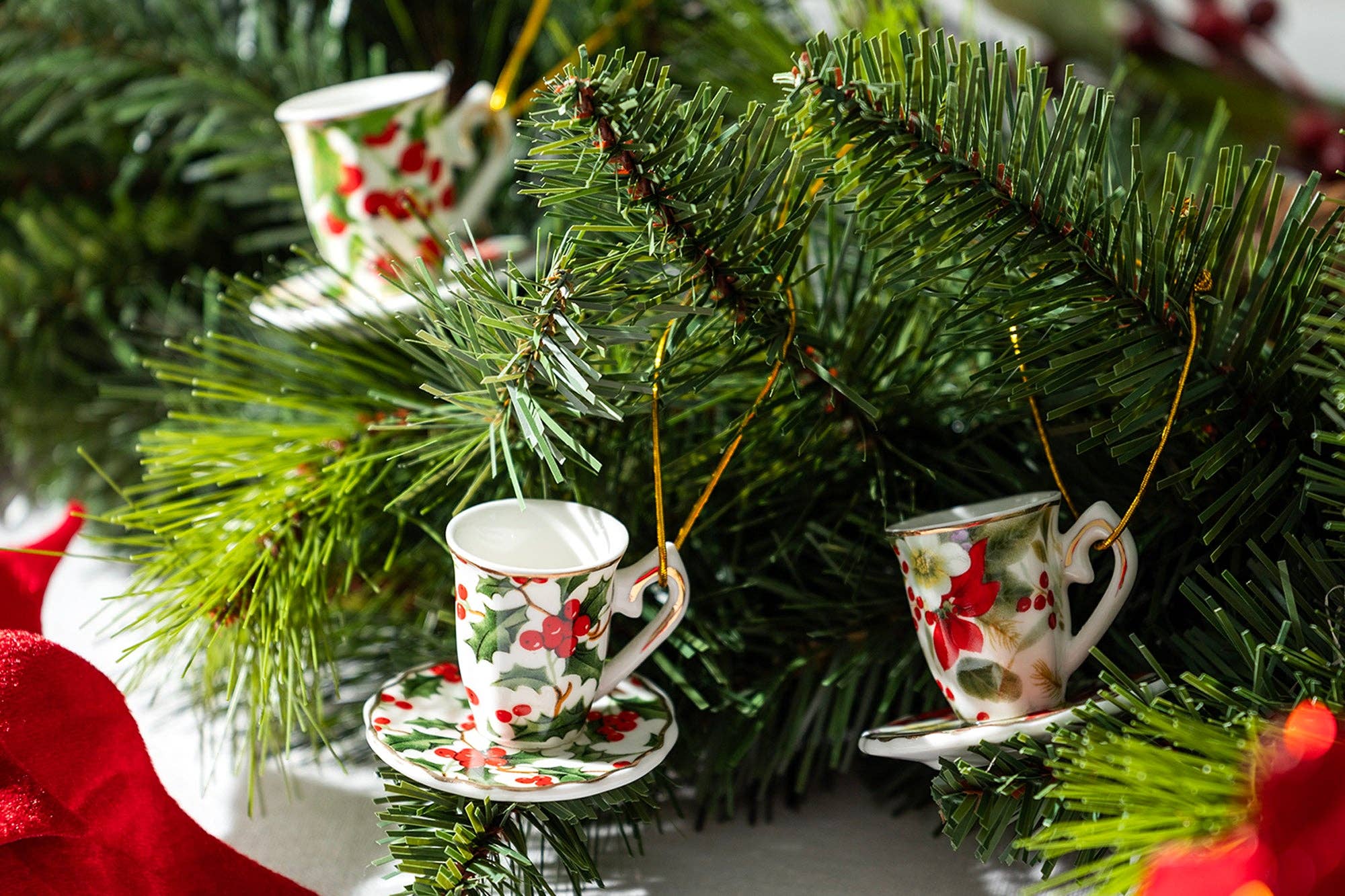 Grace Teaware - Wholesale Ornament Set - Holly Berries and Poinsettia Assorted Mini Teacups Ornament Set of 6