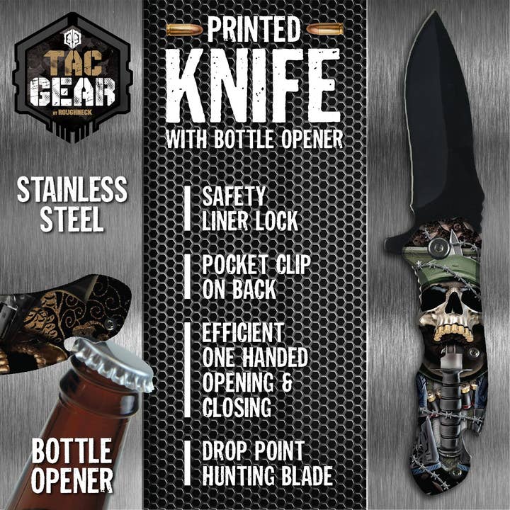 Novelty Brands - Wholesale Pocket Knife/Holder - Tac Gear Bottle Opener Printed Knife Assortment - 6/Display