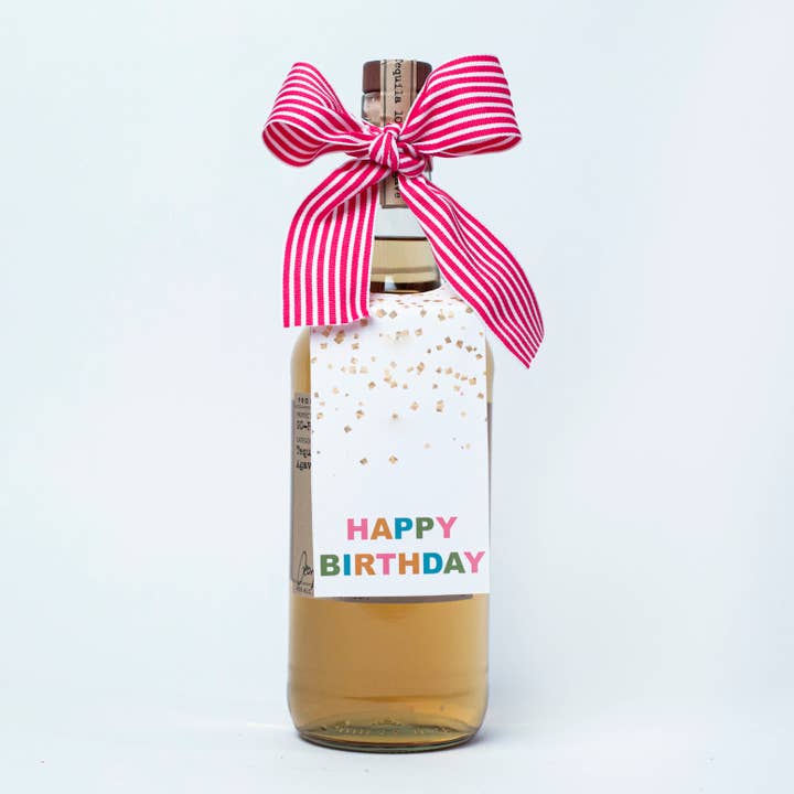 Etiqueta de vino de papel blanco con confeti de feliz cumpleaños con cinta rosa para venta al por mayor de Mod Lounge Paper Company