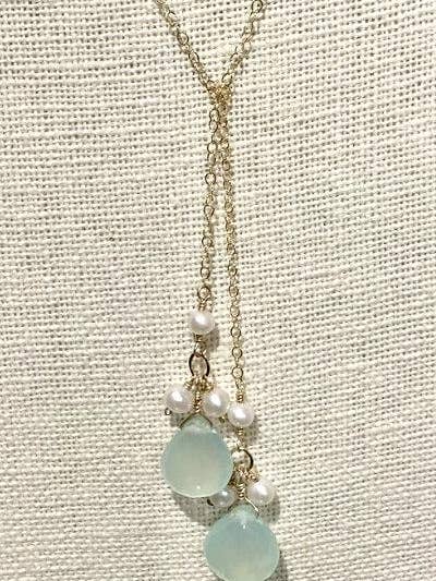 Laço de corrente de ouro com amazonita e pérola por atacado de Pearly Girls, LLC