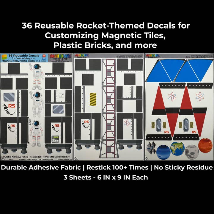 Vaisseau spatial : Autocollants réutilisables pour personnaliser des tuiles magnétiques, des briques en plastique, et plus encore pour la vente par RestickBrix