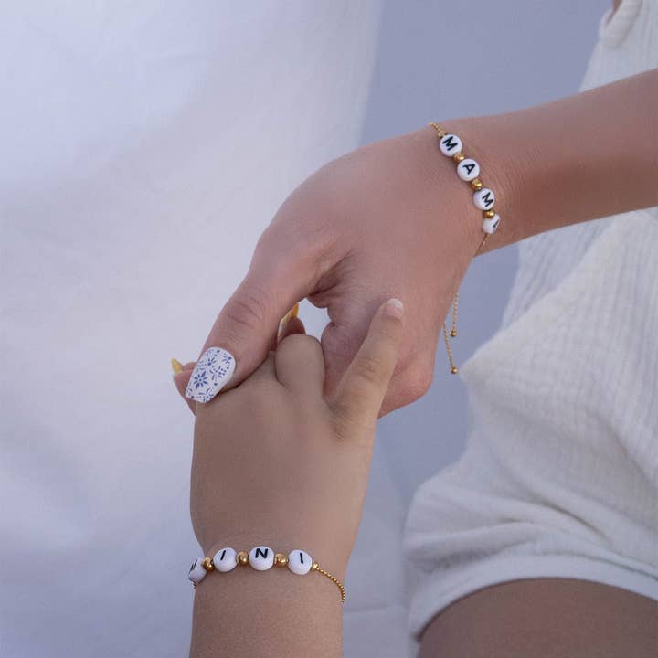 WJW - Wholesale Beaded Bracelet - 18K Gold PVD Stainless Steel "Mama" Beaded Charm Bracelet10