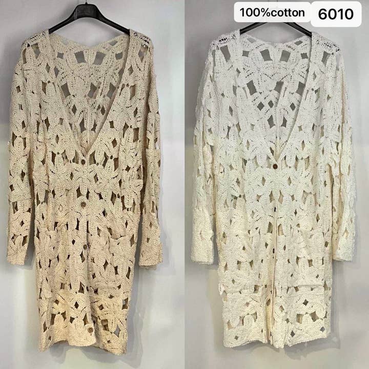 Kurt Muller - Wholesale Cardigan - Women's - Long Crochet Cotton 2 Pocket Cardigan
