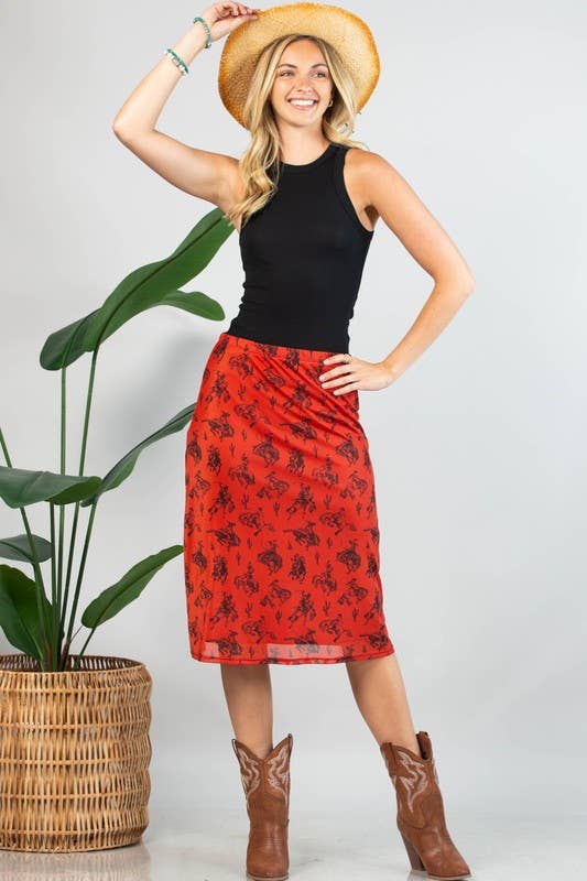 Ruggine/Nero Gonna midi in mesh foderata con stampa cavalli al galoppo AV1260-GISELE in vendita all'ingrosso su Faire1