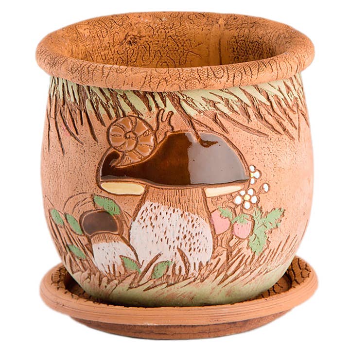 Mushrooms Ceramic Planter with Drainage Hole and Saucer. Flo for wholesale by STP