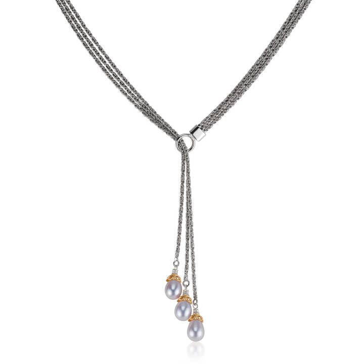 Lariat bicolore a tre fili con perla grigia per la vendita all'ingrosso da parte di Anatoli Jewelry