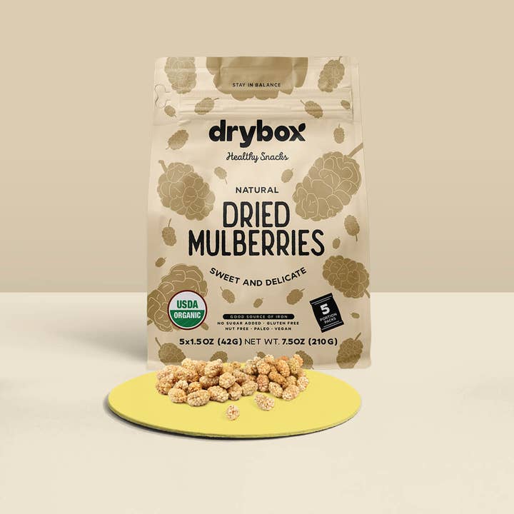 DRYBOX - Wholesale Dried/Dehydrated Fruit - Drybox Dried White Mulberries 1.5oz Mini Packs 5 Packs/BAG3