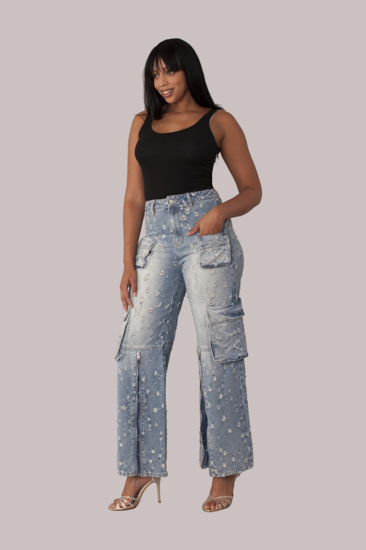 Distressed Denim Cargo Jeans -82385 for wholesale on Faire2