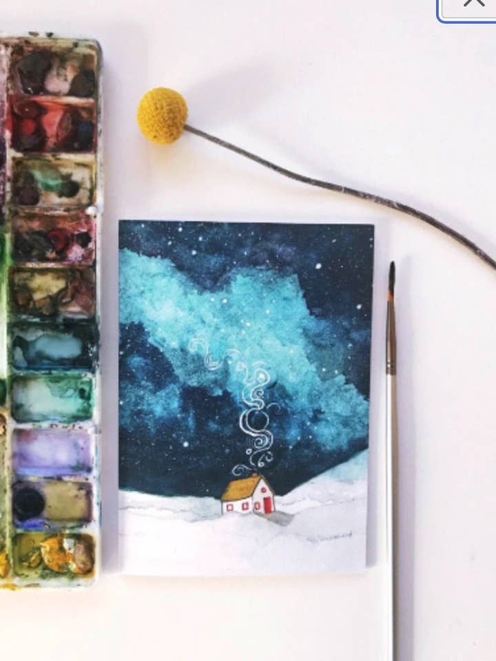 Biglietto di auguri ad acquerello di cabina accogliente per la vendita all'ingrosso da parte di Argus Art Studio