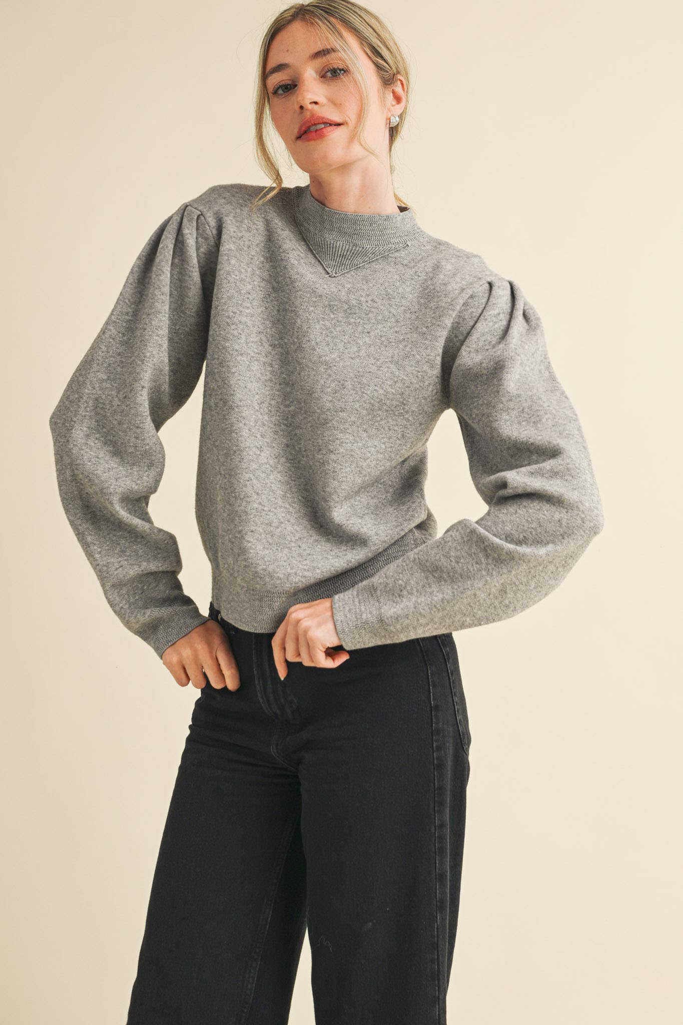 &MERCI - Wholesale Knit Sweater - Women's - MOCK NECK PUFF SLEEVE SWEATER MSW110303