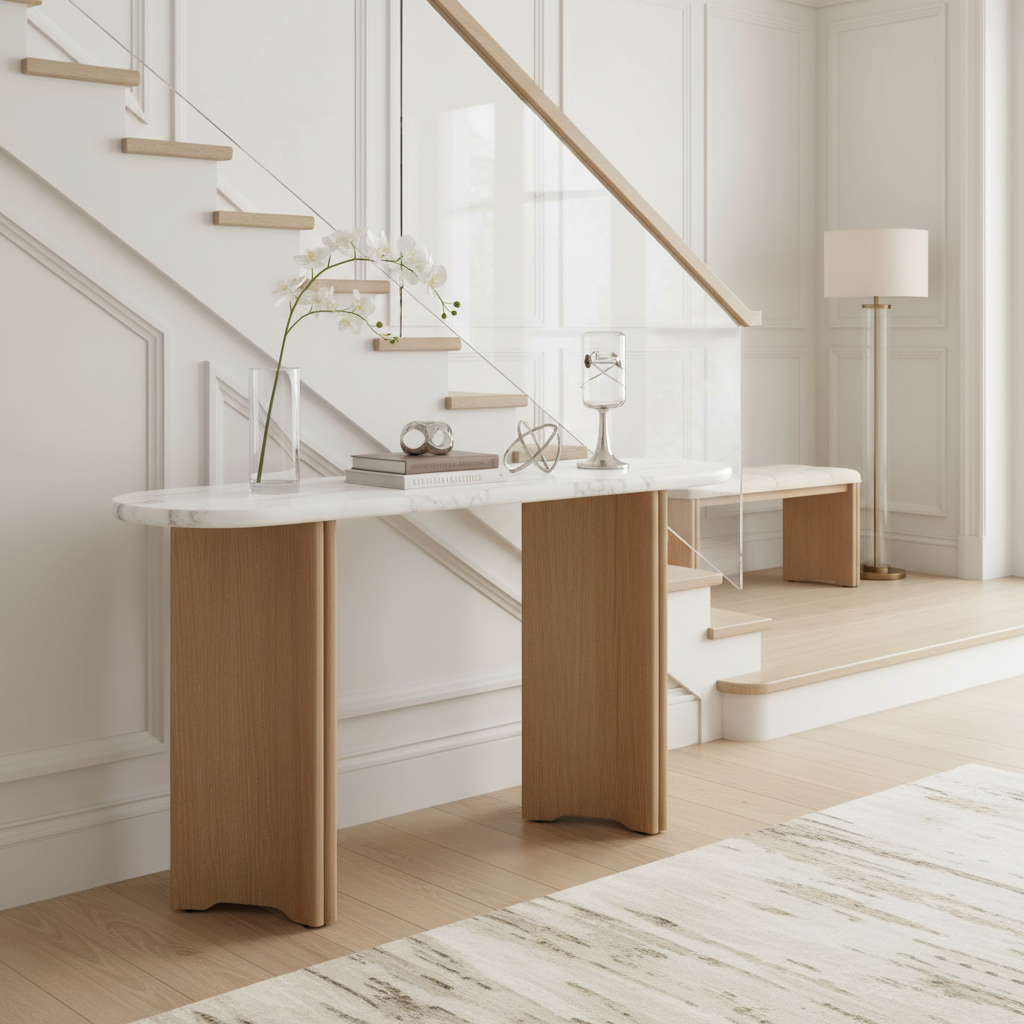 HOMYCASA DESIGN INC - Wholesale Console Table - Narrow Console Table Oval Faux Marble Top Natural+White2