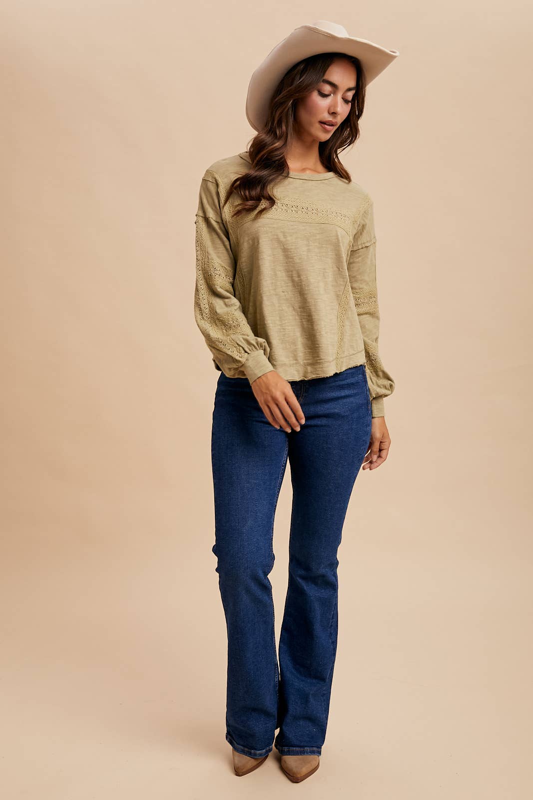 In Loom - Wholesale Blouse - Women's - GARMENT WASHED LACE INSET LONG SLEEVE TOP14