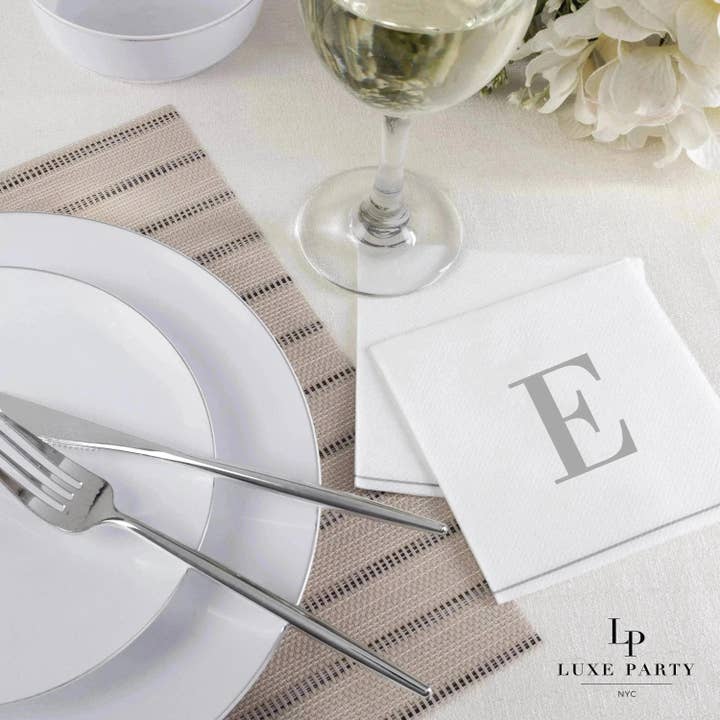 Luxe Party - Wholesale Disposable Napkin - E Silver Monogram Cocktail Paper Napkins | 16 Napkins