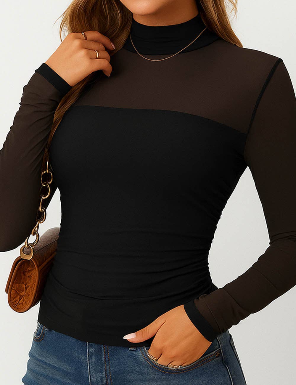 Sweetkama - Wholesale Knit Top - Women's - Ladies See Sheer Mock Neck Long Sleeves Mesh Top0