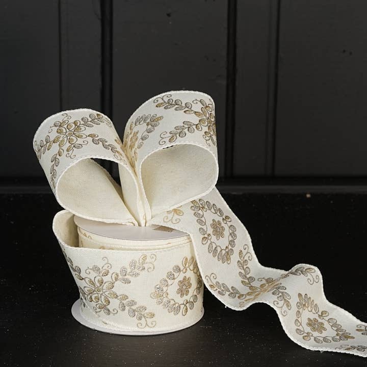 Holiday Depot Inc. - Wholesale Ribbon - Gift Wrapping - R32928-Wired Ribbon-Cream Burlap w. golden leaves (2.5inW)