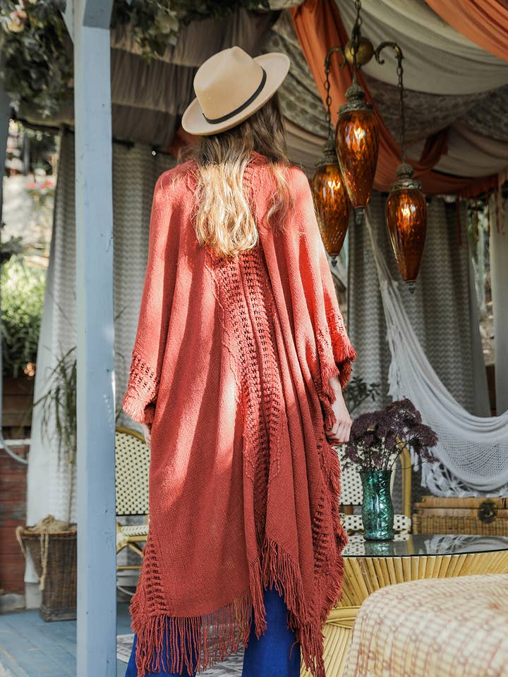 Leto Accessories - Wholesale Kimono - Women's - Bestselling Open Work Frayed Border Bohemian Ruana