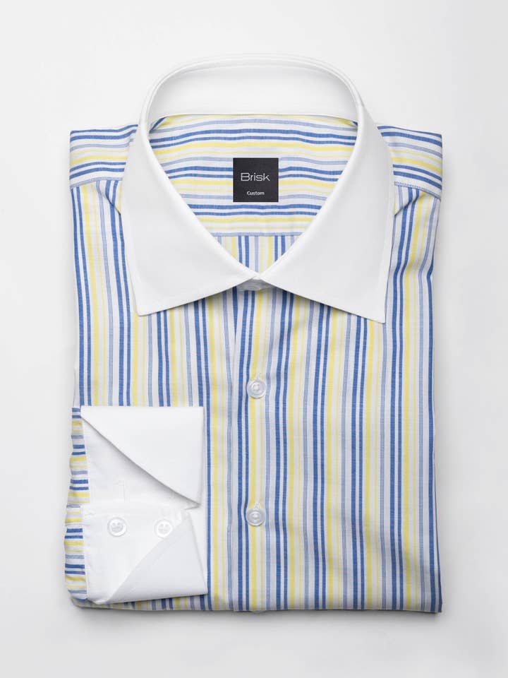 Chemise à rayures jaune bleu slub - Col classique haut et poignets à double bouton inclinés pour la vente par BRISK