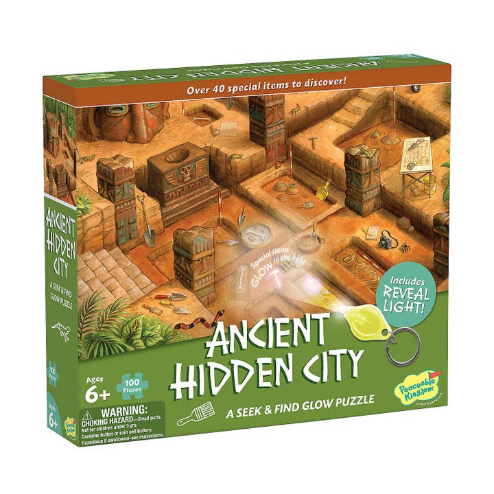 Seek & Find Glow Puzzle: Ancient Hidden City for wholesale by MindWare & Peaceable Kingdom