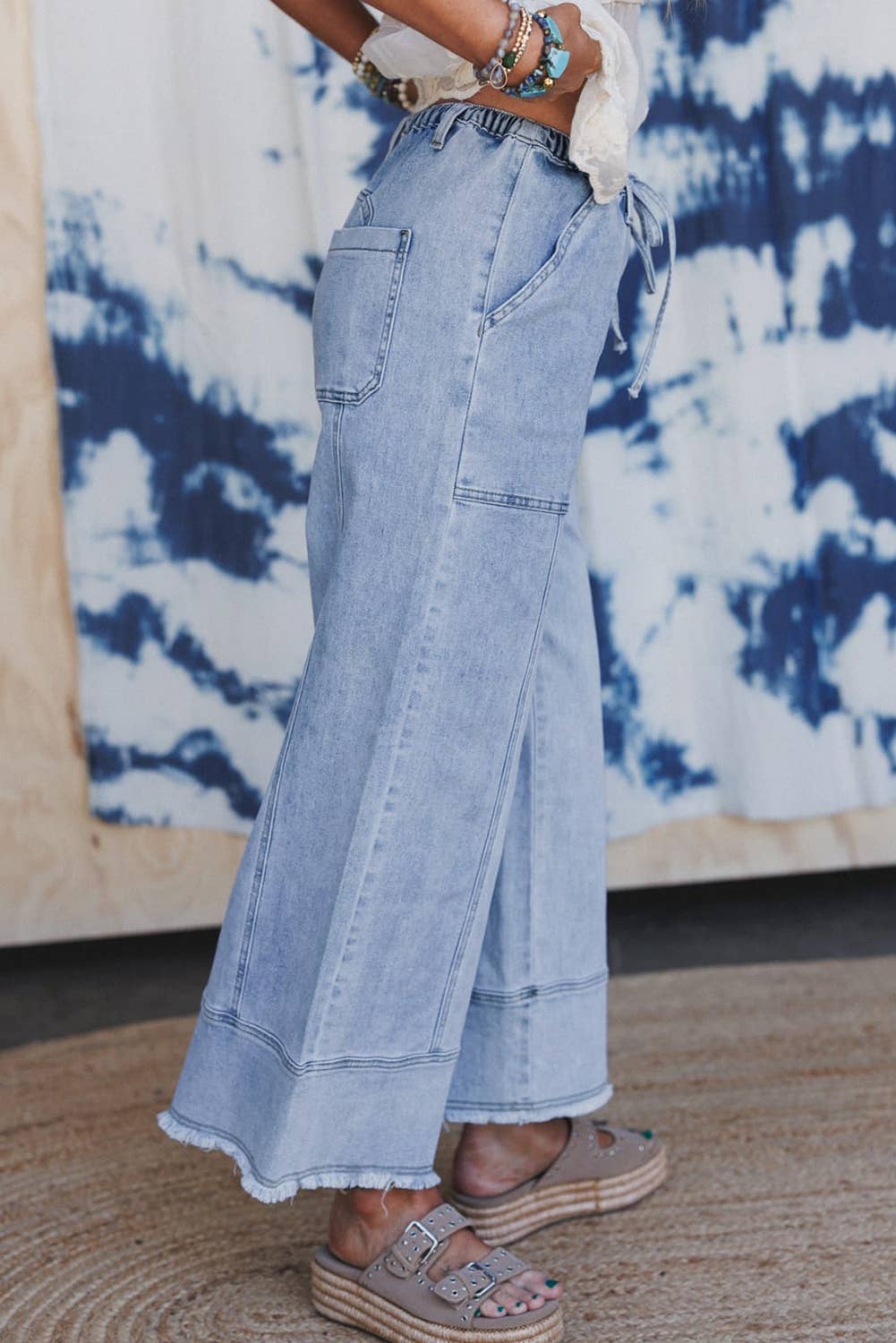 FULL TIME PURCHASE - Wholesale Jeans - Women's - Drawstring Seam Detail Raw Hem Wide Leg Denim Pants6
