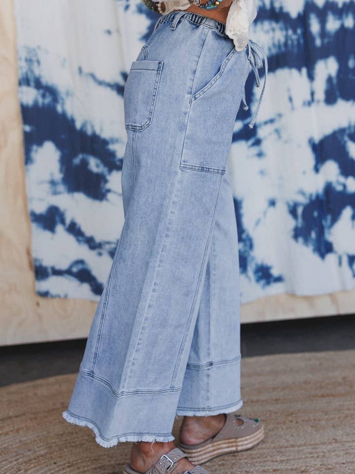 FULL TIME PURCHASE - Wholesale Jeans - Women's - Drawstring Seam Detail Raw Hem Wide Leg Denim Pants6