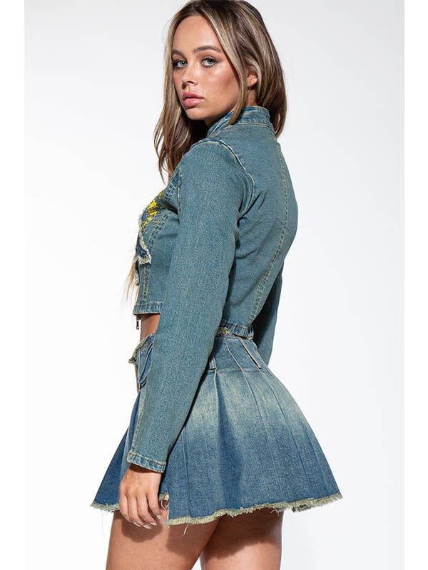 Medium tvätt Vintage jeansjacka med dragkedja med mockhals för wholesale på Faire