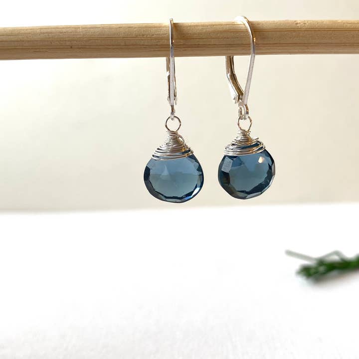 London Blue Quartz Wire Wrapped Earrings - Leverback for wholesale by Floweredsky Designs
