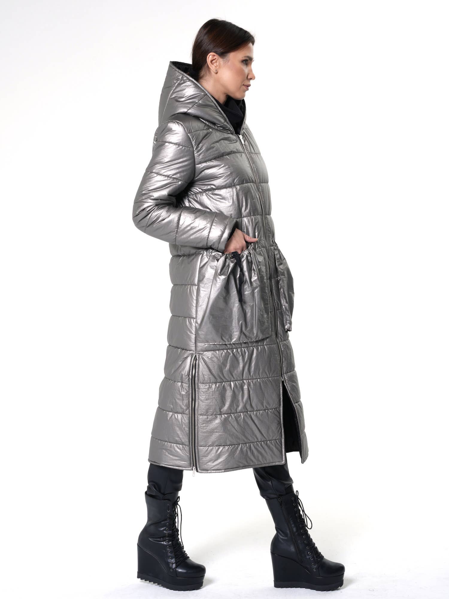 Metamorphoza - Wholesale Puffer Jacket - Women's - Long Silver Puffer Jacket With Oversize Pockets 5