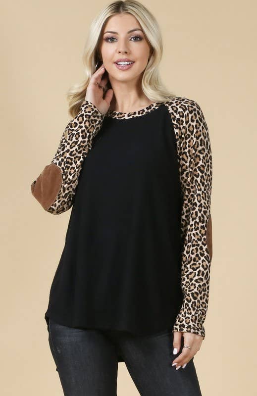 AV1064-NELIA LEOPARD PRINT ELBOW PATCH TOP for wholesale on Faire4