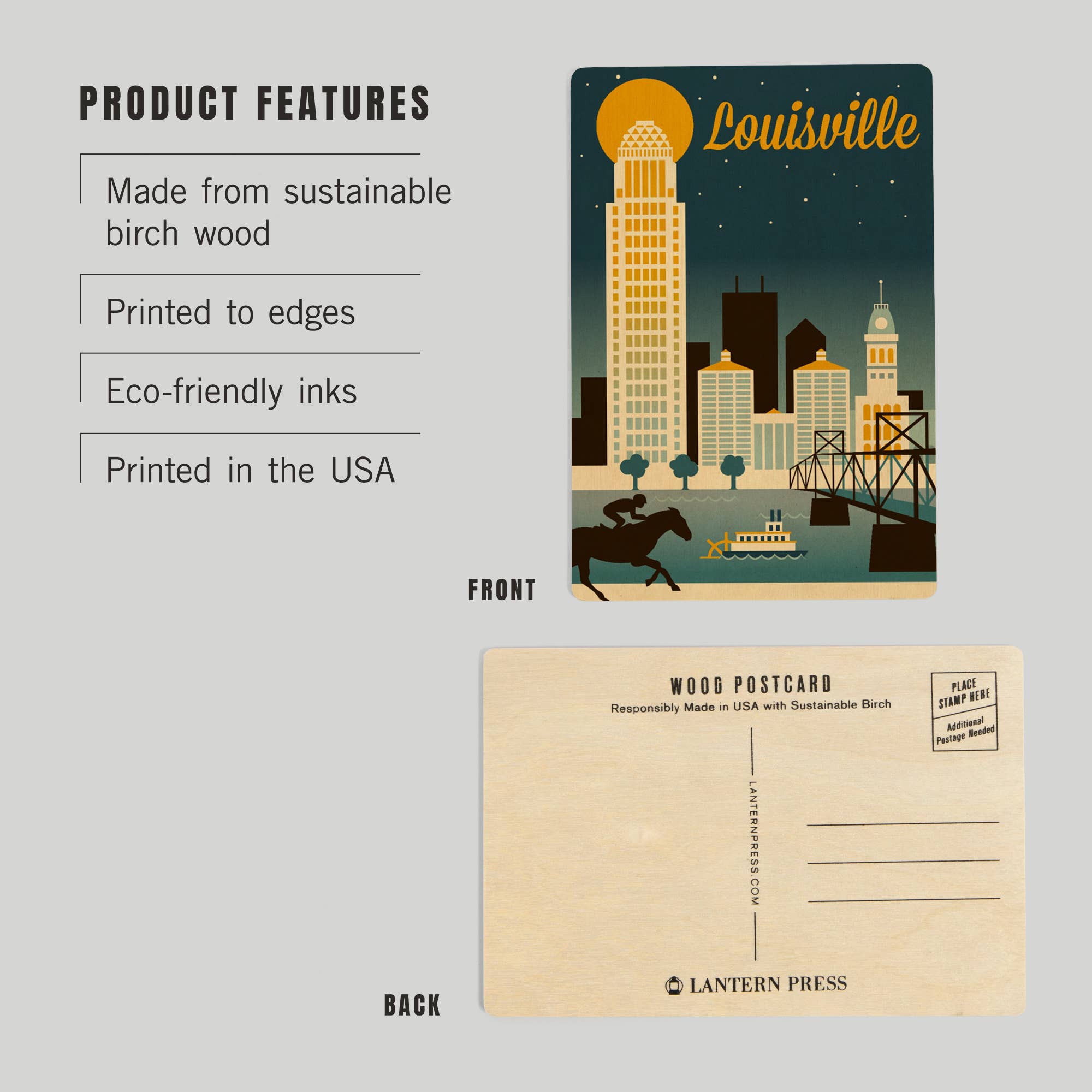 Lantern Press - Venta al por mayor Tarjeta postal - POSTAL DE MADERA Louisville, Kentucky, Retro Skyline2