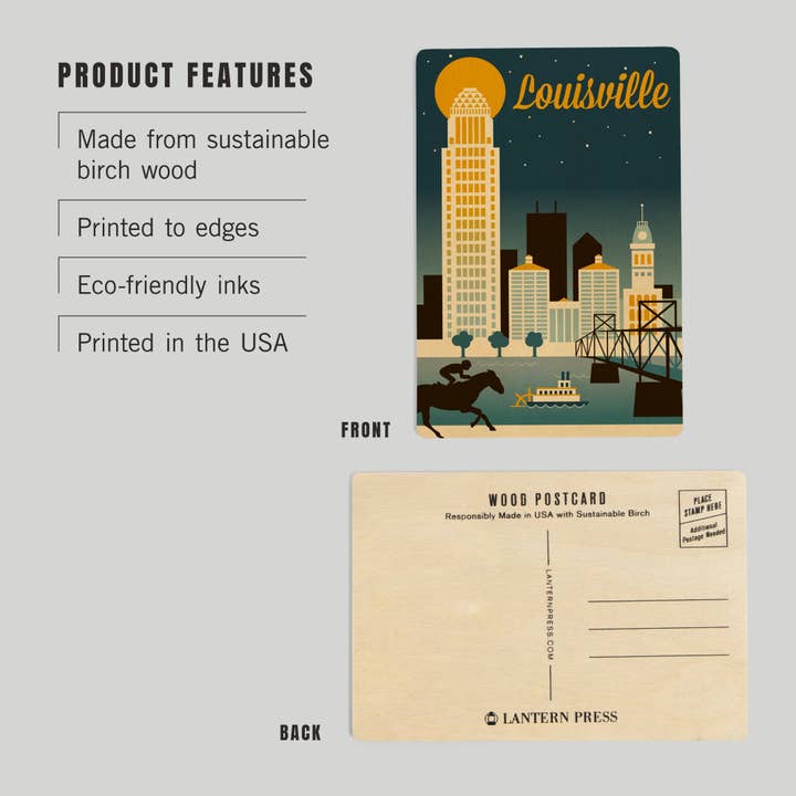 Lantern Press - Vente Cartes postales - CARTE POSTALE EN BOIS Louisville, Kentucky, Retro Skyline2