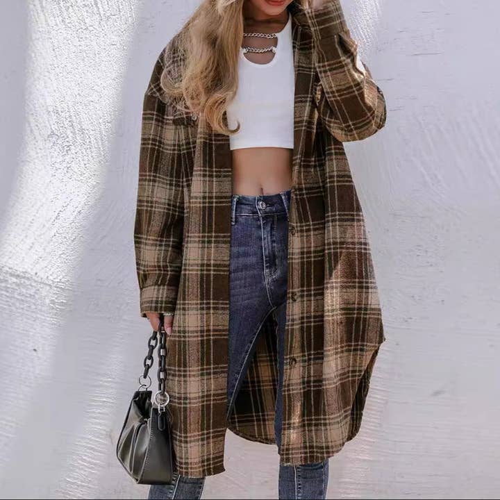 Coffee color Woolen Plaid Lapel Loose Coat for Women for wholesale on Faire2