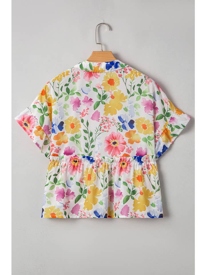 1 the Woman - Wholesale Blouse - Women's - Floral Boxy Fit Ruffled Short Sleeve V Neck Blouse