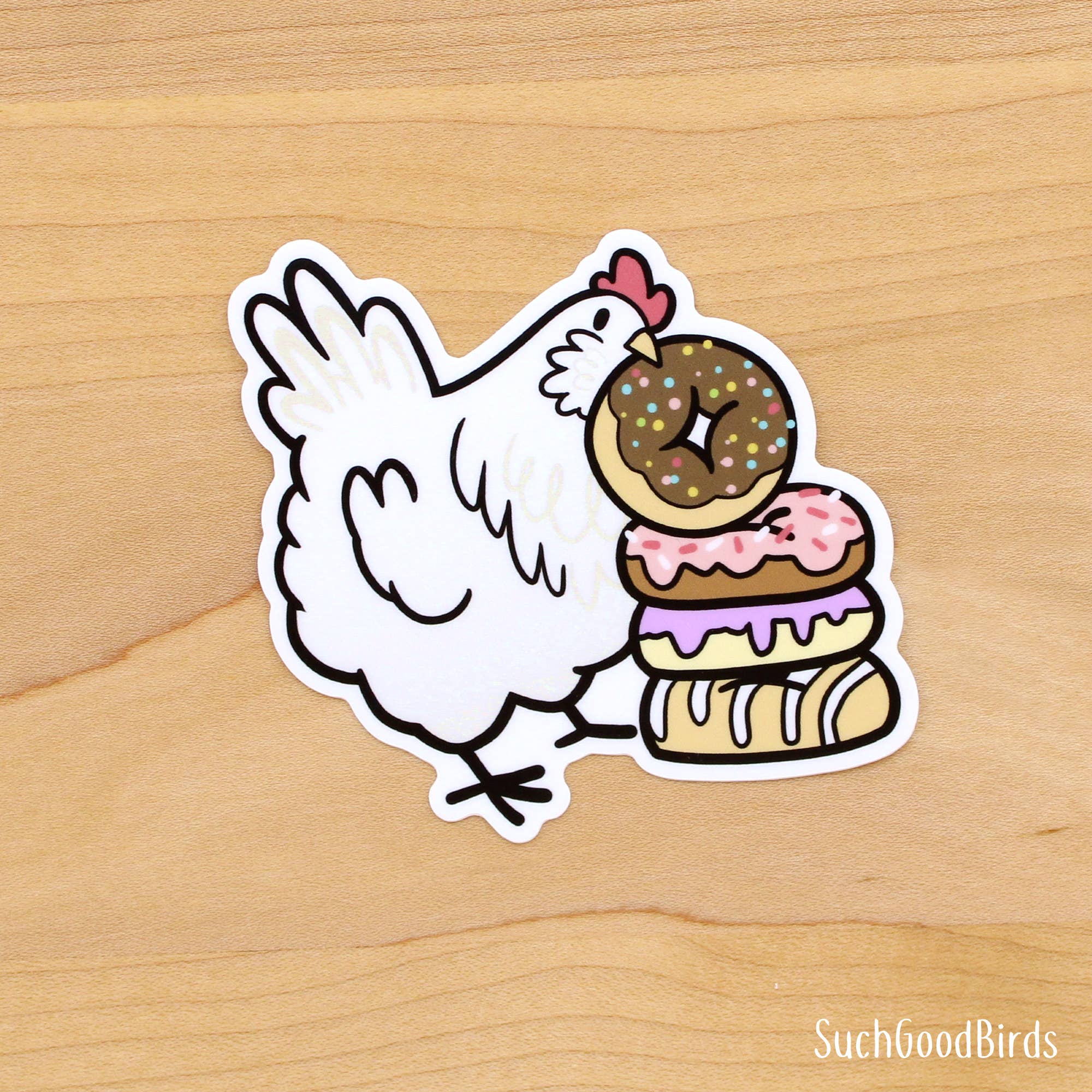 Such Good Birds - Wholesale Sticker - Chicken W Donuts - 3" Waterproof Vinyl Stickers Bakery Treat
