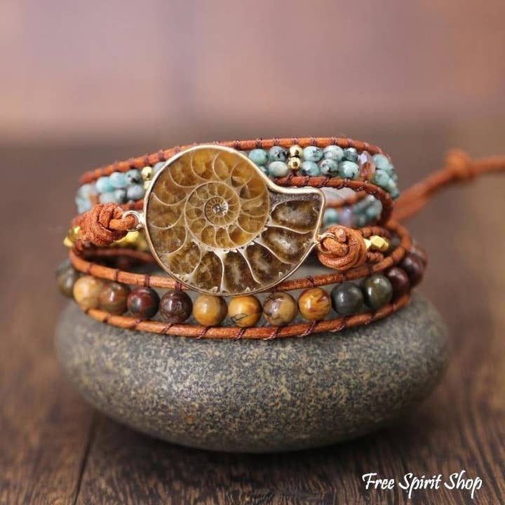 Pulseira Ammonite Fossil & Jasper Wrap, Pulseira Boho com Fresas por atacado de Free Spirit Shop