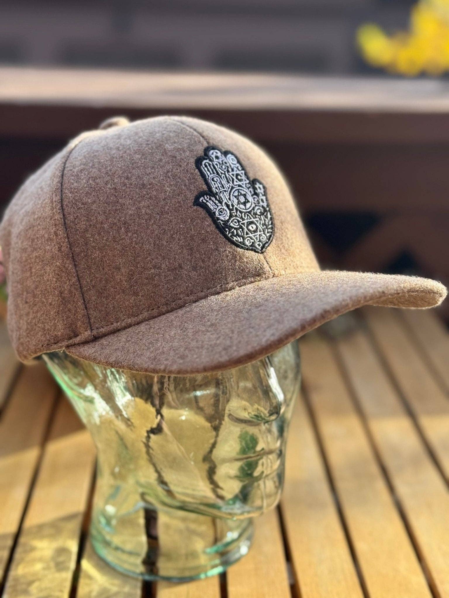 JEWISHJOY.co - Wholesale Flat Brim Cap - Unisex - Brown Cashmere Hamsa Hat - Jewish Gift4