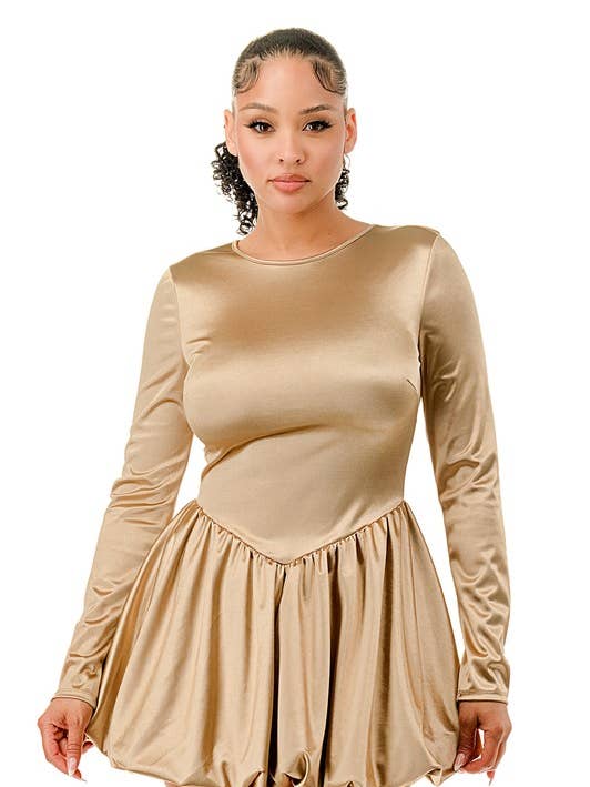 Namatt Design - Wholesale Dress - Women's - Regular Round Neck Long Sleeve Bubble Mini Dress