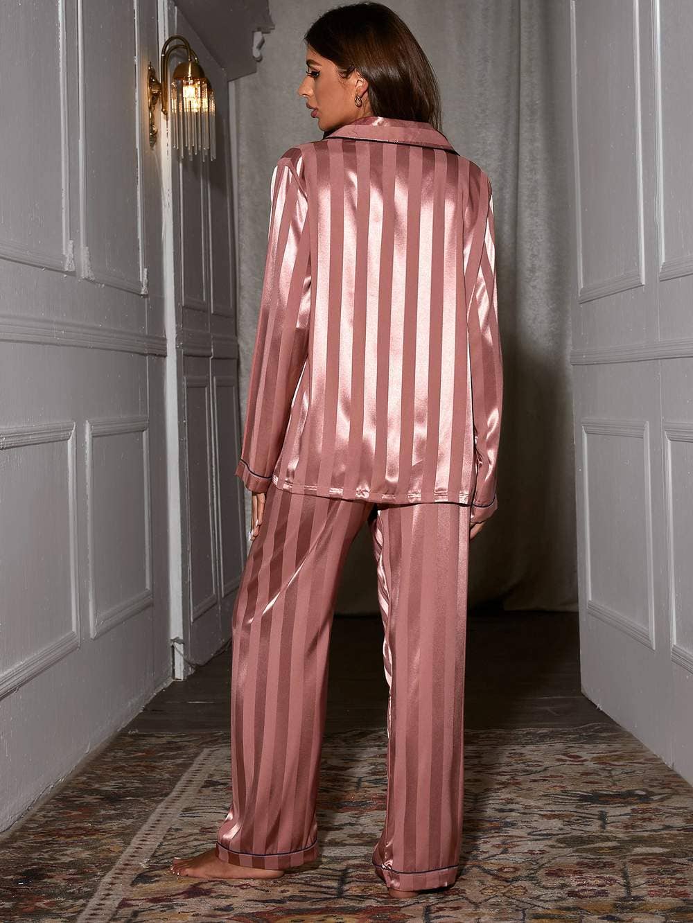 Fashion Combination – wholesale Sleepwear set – Women's – Luxury Satin Striped Pajama Set – Elegant Two-Piece Loungewe8