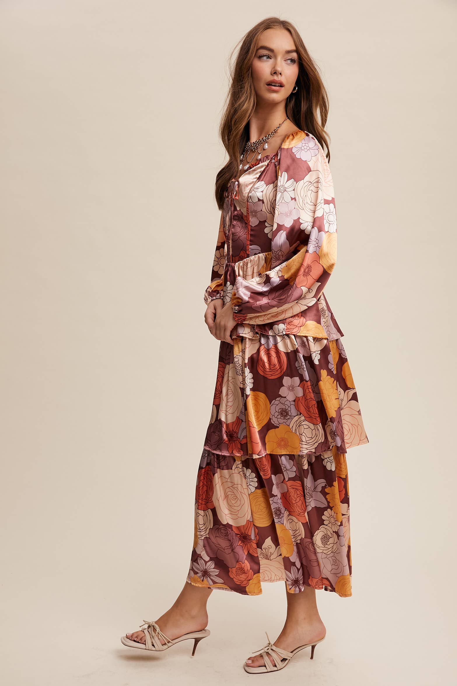 Listicle - Wholesale Dress - Women's - Floral Lace-Up Tiered Maxi Dress LD144818