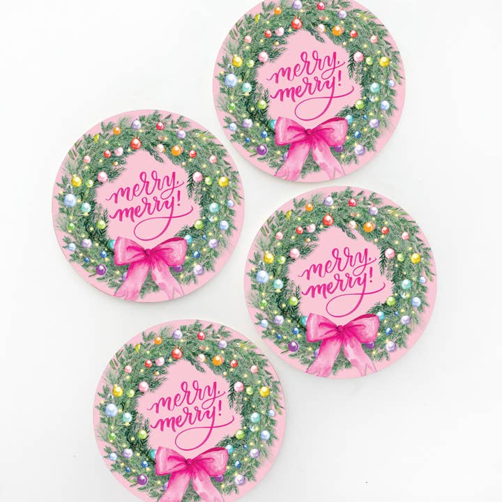 Merry Merry Rainbow Wreath Christmas Coaster Set for wholesale by Cami Monet