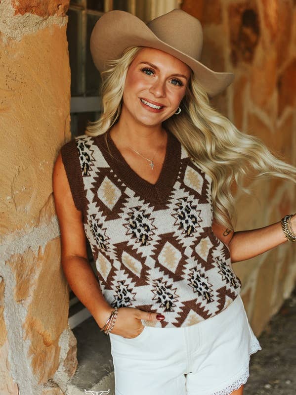 Cream Aztec Leopard Knit V Neck Sleeveless Sweater Top for wholesale by LUCKY & BLESSED