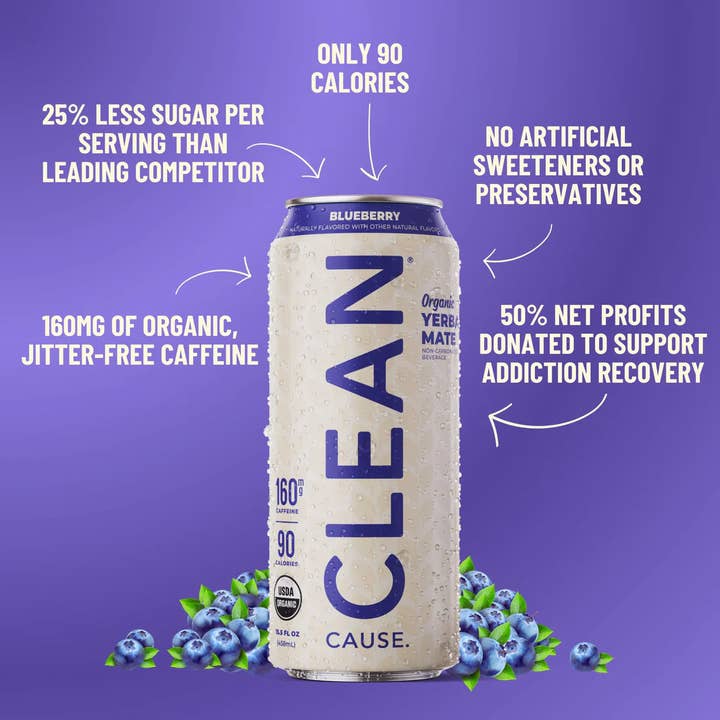 CLEAN Cause - Wholesale Iced Tea - Blueberry Non-Carbonated Yerba Mate Tea Drink - 12 Pack