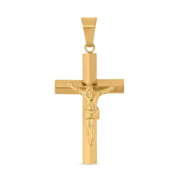 Anhänger aus mittelgroßem Kruzifix-Edelstahl mit PVD-Beschichtung aus 18 Karat Gold für den Großhandel von WJW