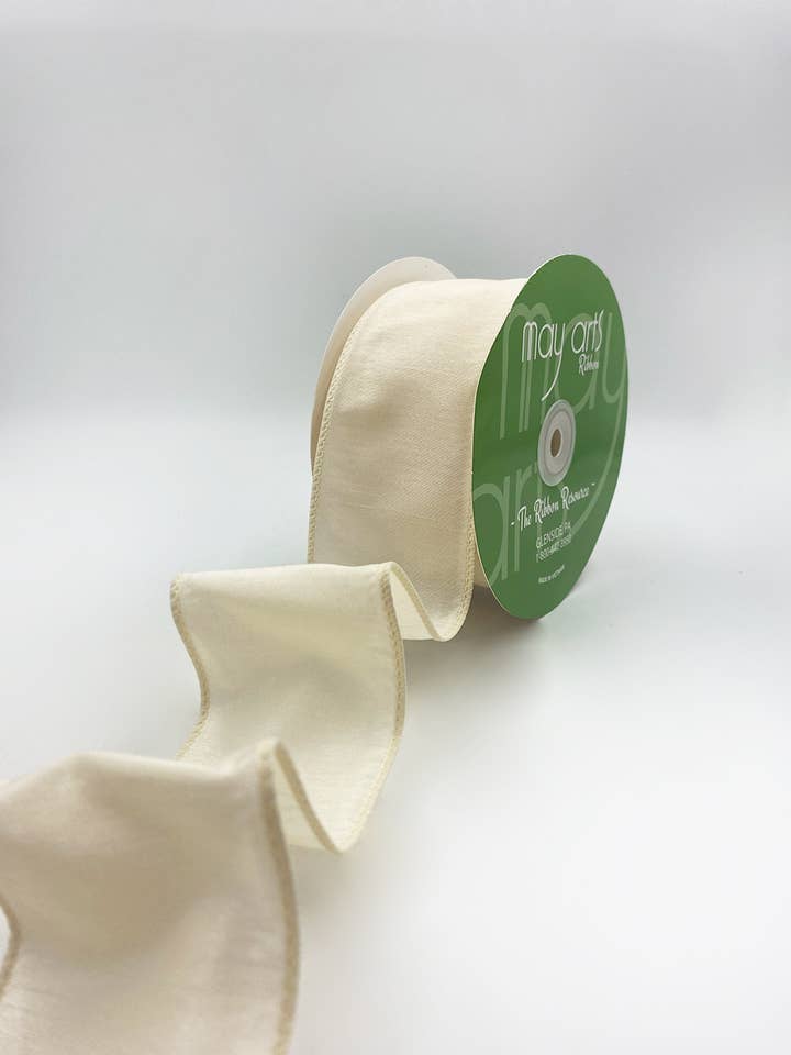 2.5″ Wired Ivory Faux Dupioni Silk Ribbon for wholesale by May Arts Ribbon