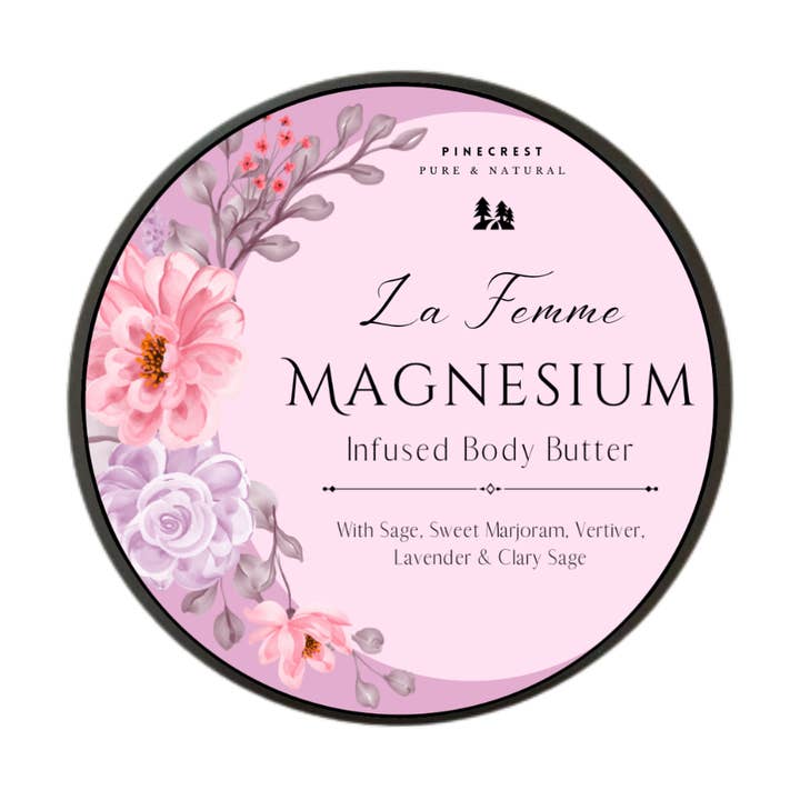 Manteiga Corporal Infundida com Magnésio La Femme (Peri/Menopausa, TPM etc) 150g Frasco Extra Grande por atacado de Pinecrest Natural Skincare & Remedies
