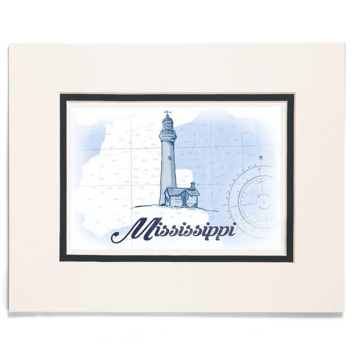 MATTED PRINTS Mississippi Lighthouse Blue Coastal Icon for wholesale by Lantern Press
