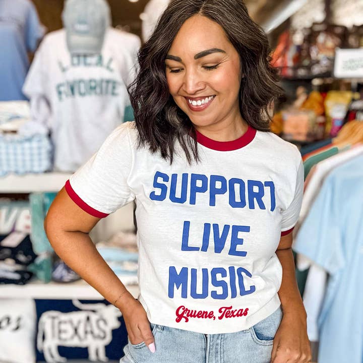 Custom Support Live Music Vintage Ringer Shirt, Graphic Tee for wholesale by Mugsby
